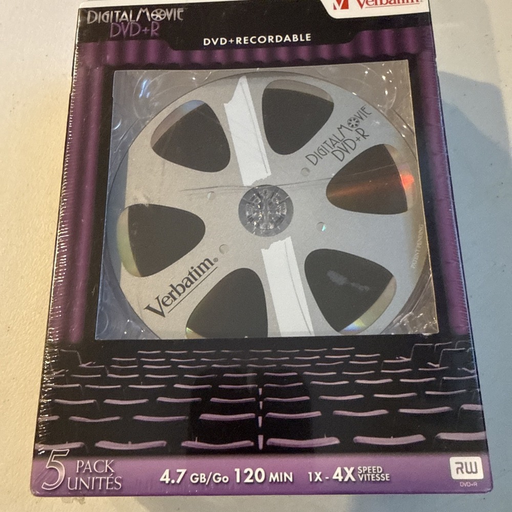 Verbatim DVD+R Recordable Digital Movie 5 Pack 4.7GB 4X standard DVD Cases NEW